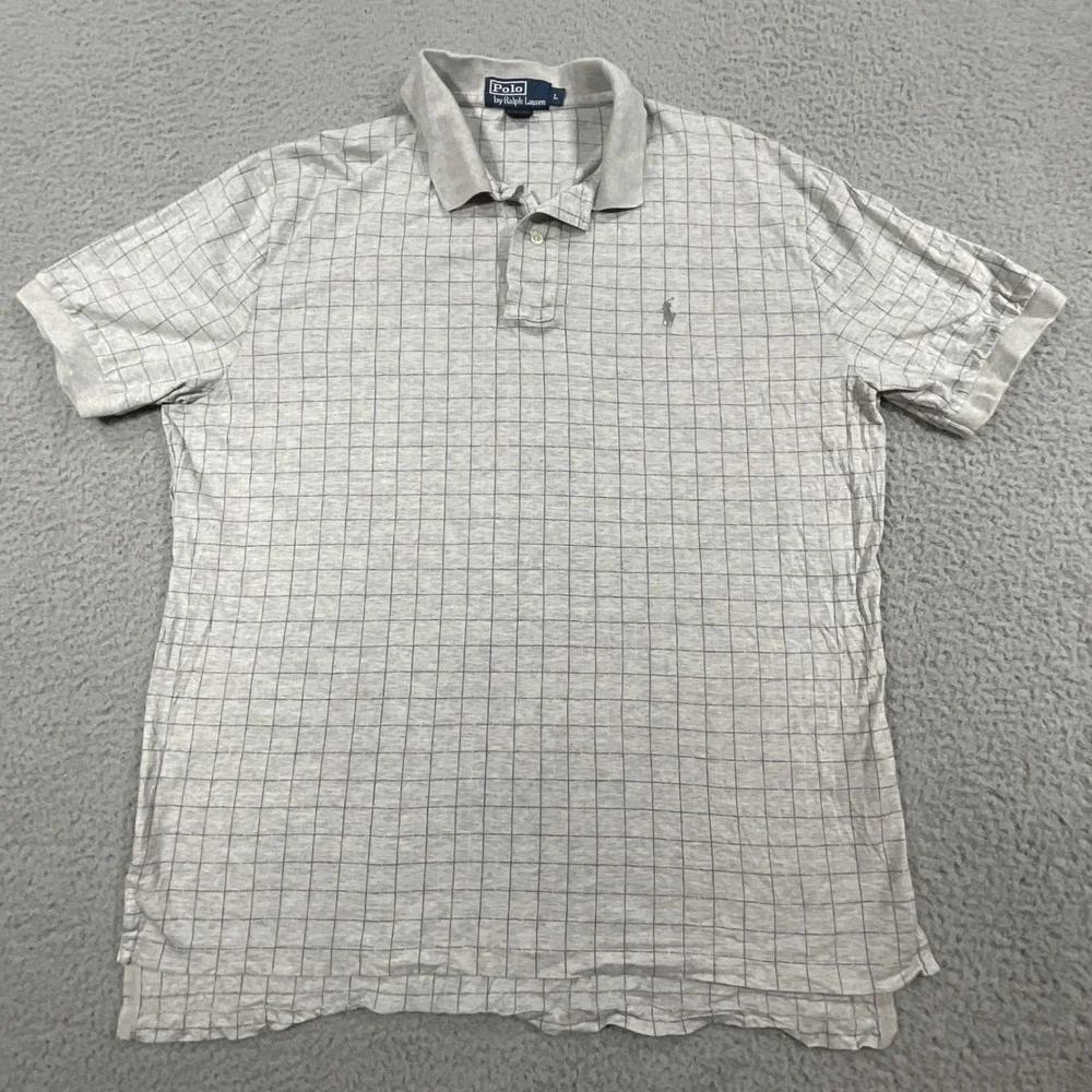 Polo Ralph Lauren Polo Shirt Mens Large Gray Windowpane Check Cotton Preppy